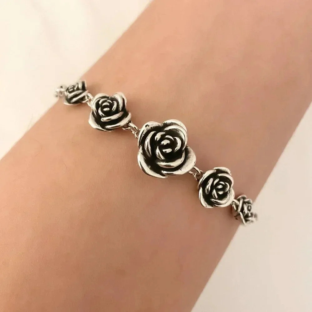925 Sterling Silver Vintage Rose Bracelet Chain Link Bracelet Flower Bracelet